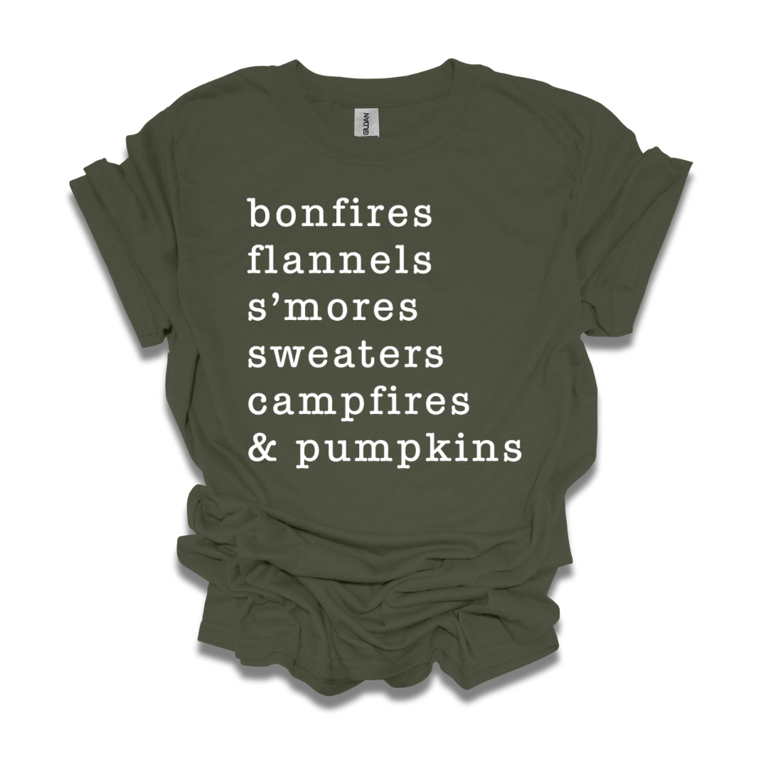 Bonfires, Flannels, S'mores, Sweaters, Campfires, & Pumpkins Unisex T-shirt