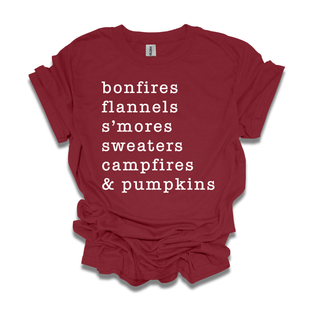 Bonfires, Flannels, S'mores, Sweaters, Campfires, & Pumpkins Unisex T-shirt