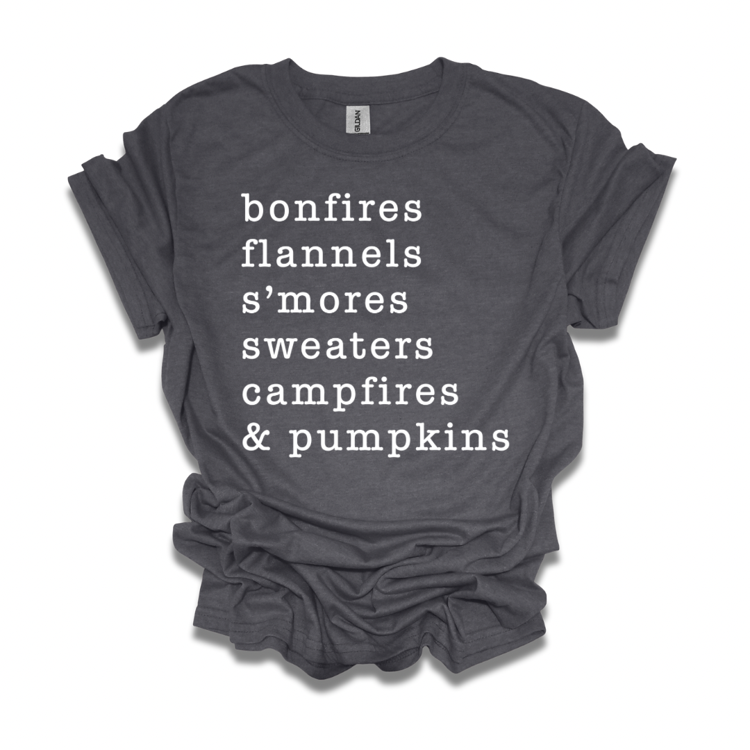 Bonfires, Flannels, S'mores, Sweaters, Campfires, & Pumpkins Unisex T-shirt