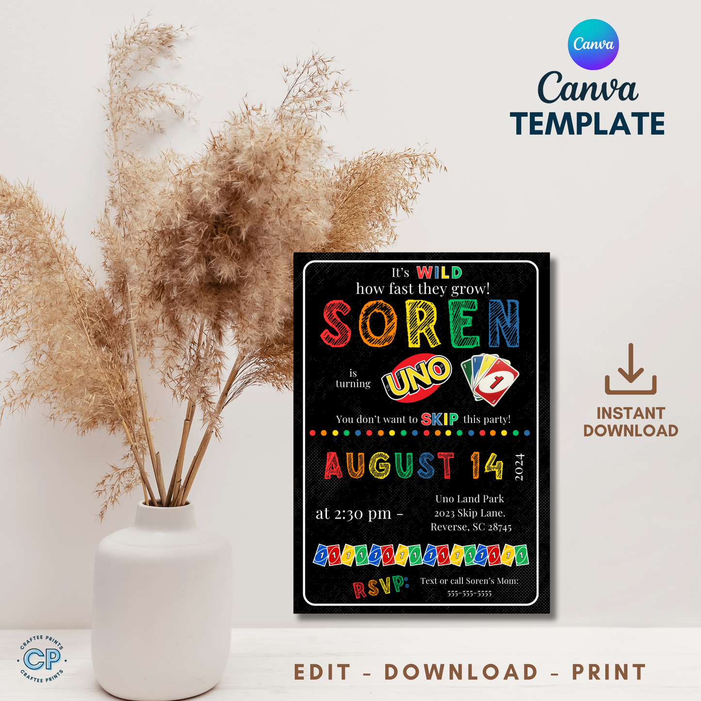 UNO Digital Invitation | UNO Birthday Party | Kids Digital invitation | Kids Birthday Party | Instant Download | Canva | First Birthday