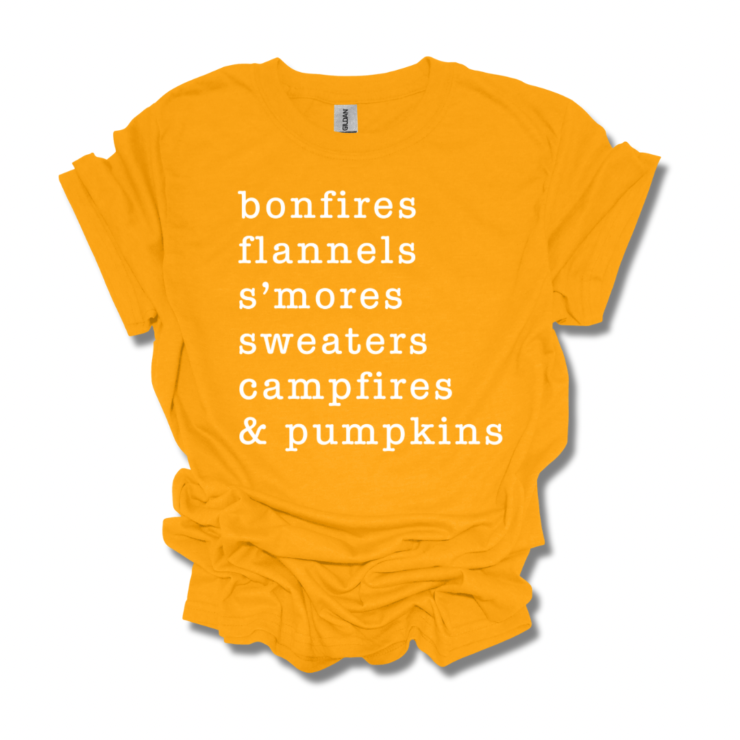 Bonfires, Flannels, S'mores, Sweaters, Campfires, & Pumpkins Unisex T-shirt