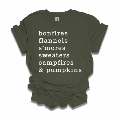 Bonfires, Flannels, S'mores, Sweaters, Campfires, & Pumpkins Unisex T-shirt