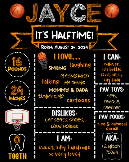 Sports Half Birthday It's Halftime Milestone Chalkboard Sign | Halfway to One | Party Poster | 6 Months Old | DIGITAL FILE