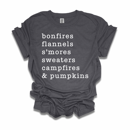Bonfires, Flannels, S'mores, Sweaters, Campfires, & Pumpkins Unisex T-shirt