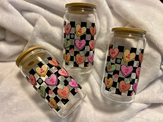 Candy Heart Checkered Valentine’s Day Glass Tumbler, Iced Coffee Glass, Iced Coffee Cup, Glass Cup, Iced Coffee Cup, Custom Tumbler, Beer Can Glass