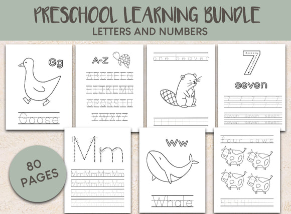 LEARNING BUNDLE | PRESCHOOL |Letters+Numbers |Write+Count | Animals | Coloring Pages | Digital Download