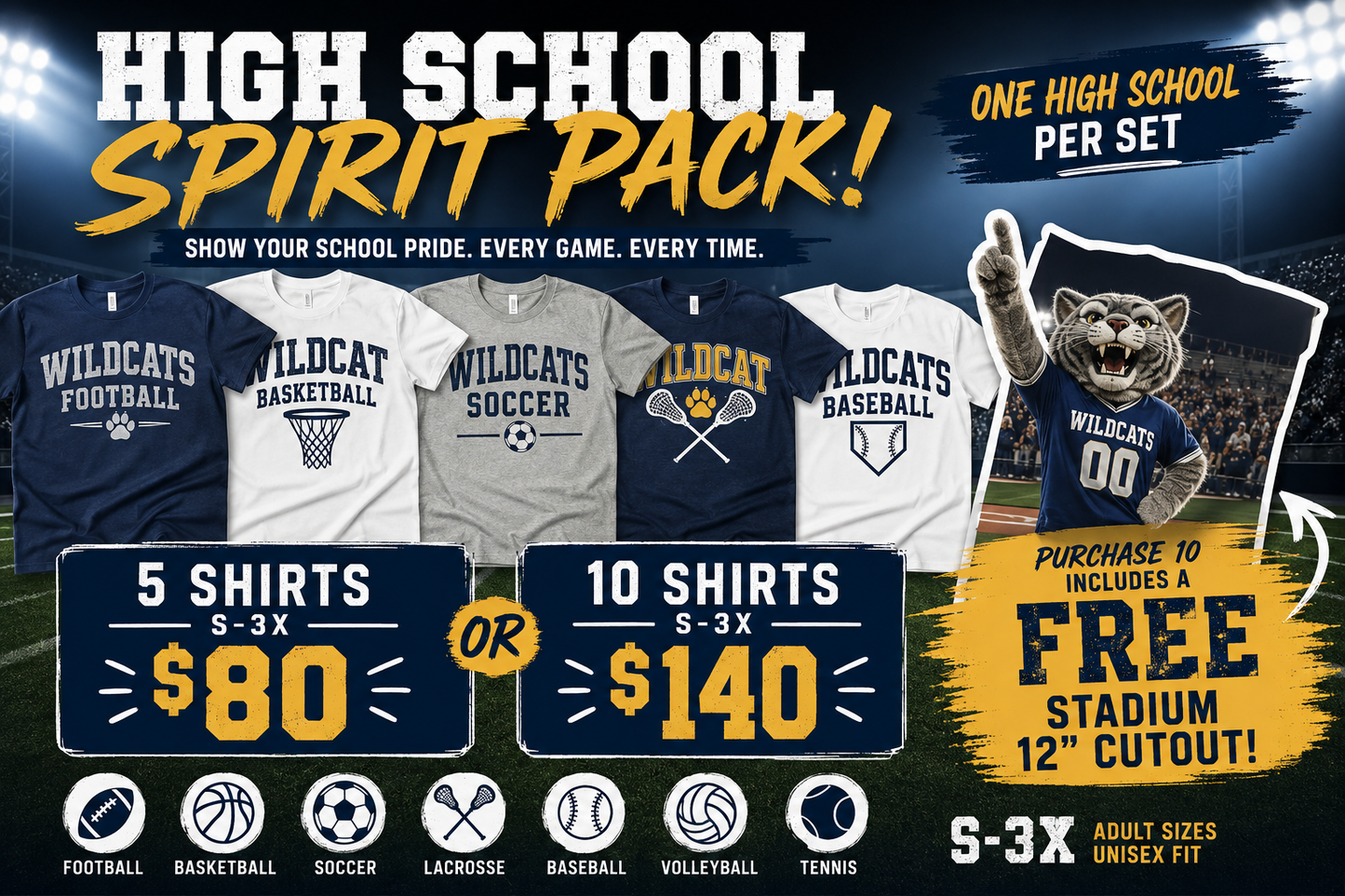 High School Spirit Pack | Unisex Adult | Front Only