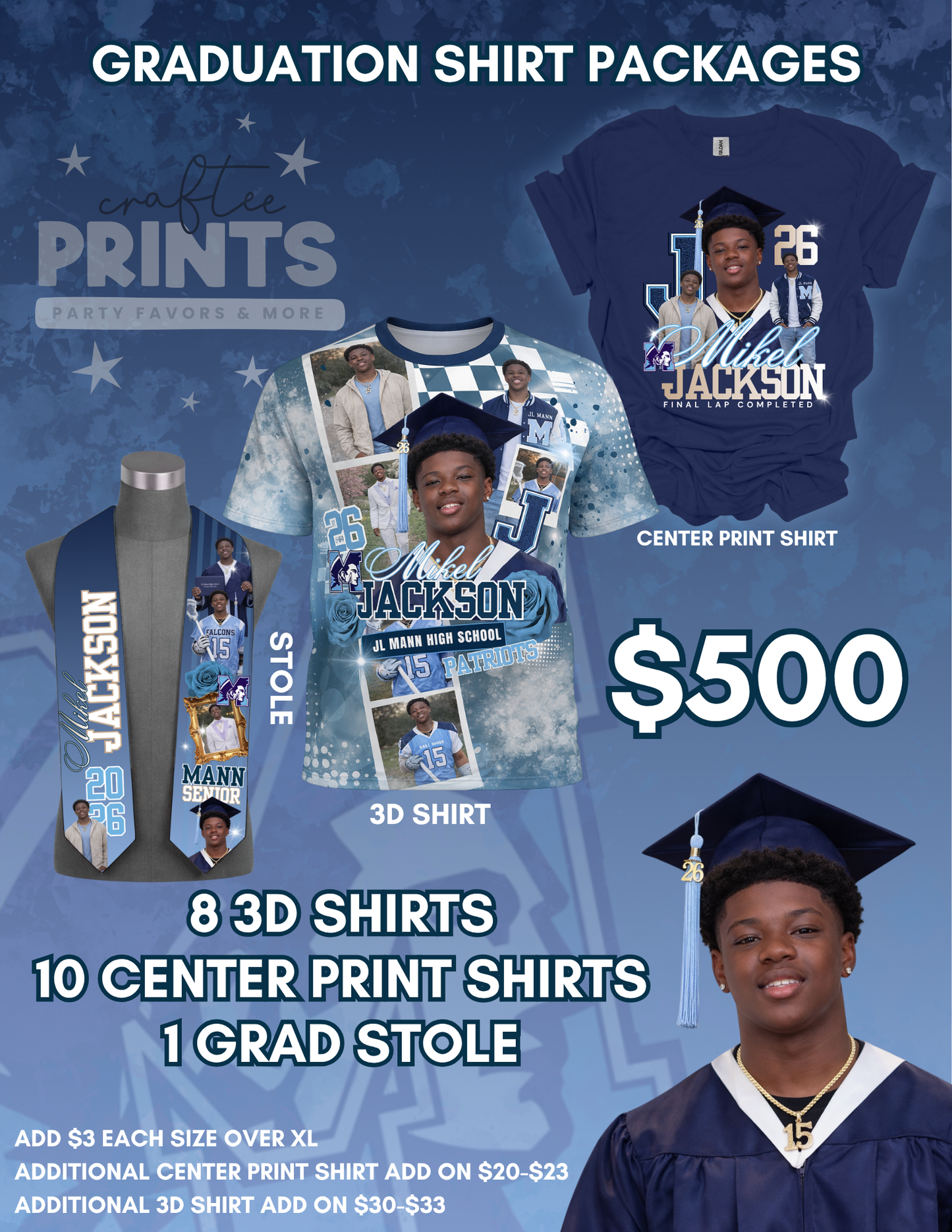 Graduation T-Shirt & Stole Bundle | 3D Shirt | Center Print Shirt | Price Increased May 1st